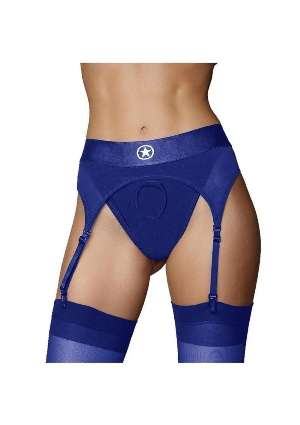 OUCH VIBRATING STRAP-ON THONG W/GARTERS BLUE XS/S - Image 2