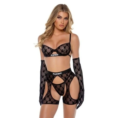 Playboy Flocked Bunny Chaps 3 Pc Set Black